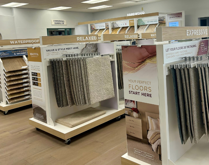 Carpet and waterproof wood-look flooring displays in Sarasota, FL